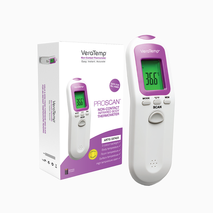 VeraTemp Proscan non-contact thermometer with packaging on a white background