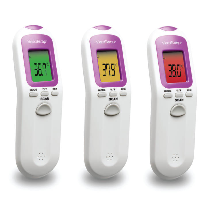 Three Veratemp digital thermometers displaying different temperatures on a white background