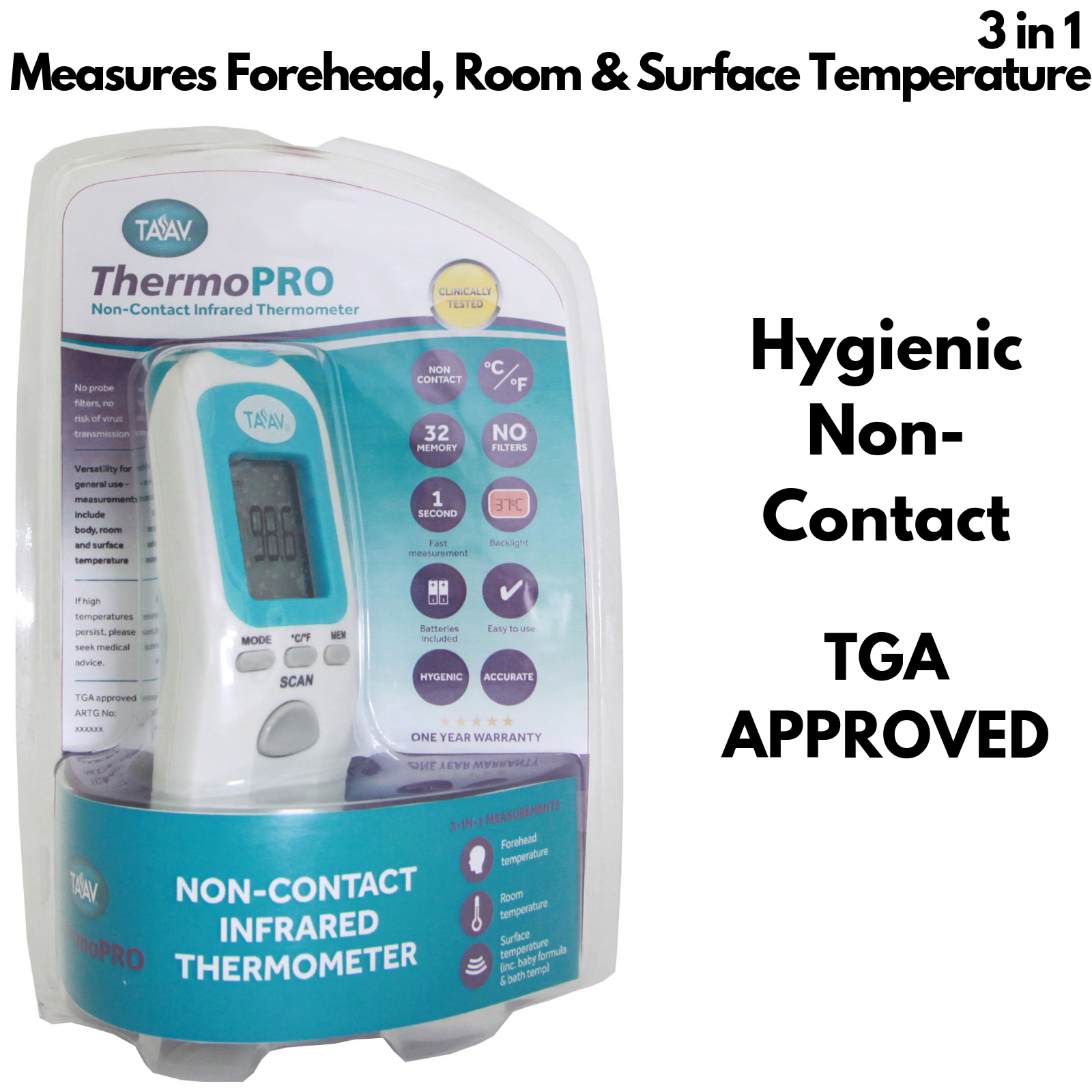ThermoPro non-contact infrared thermometer with packaging on a white background