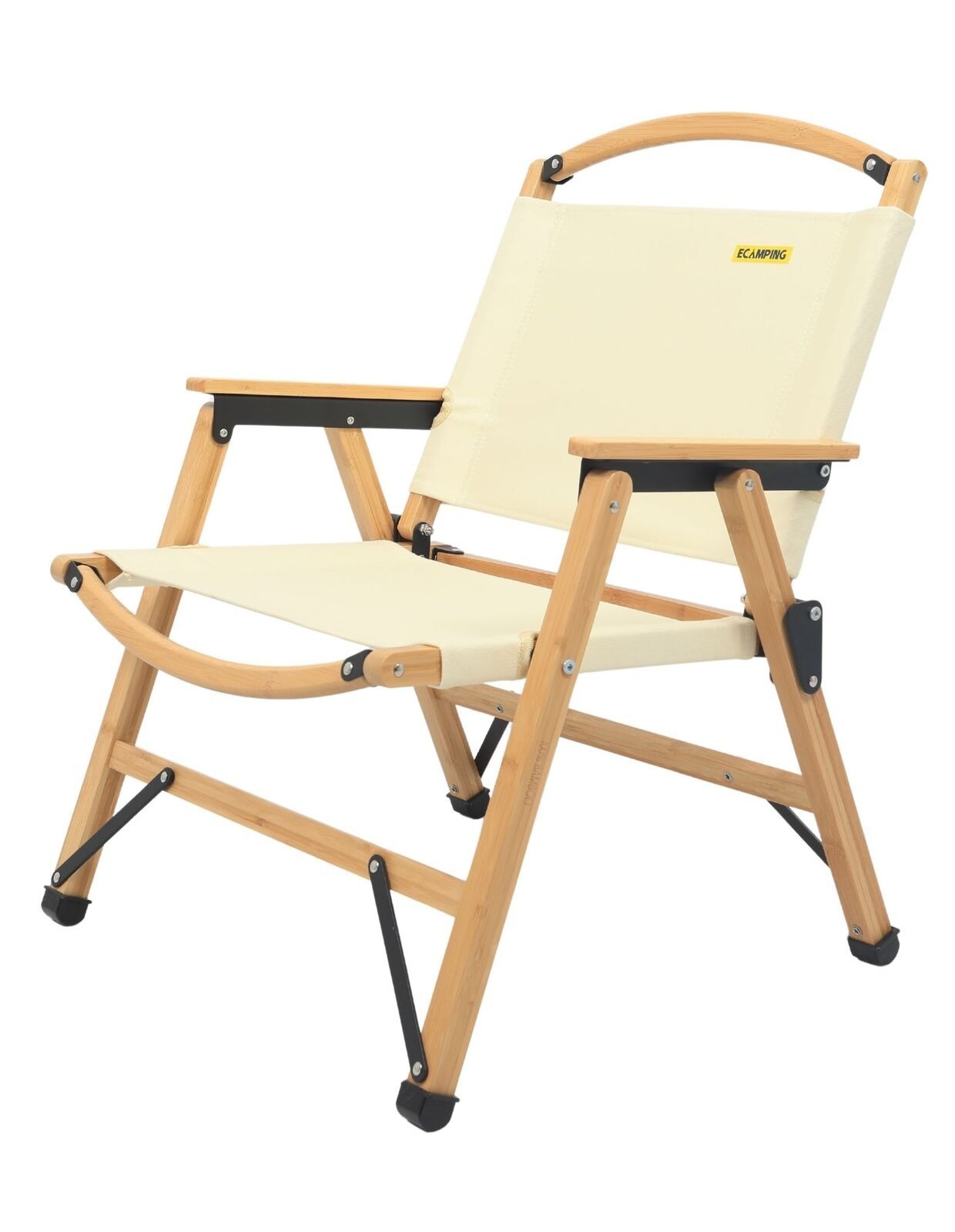 Beige folding chair with wooden frame on a white background