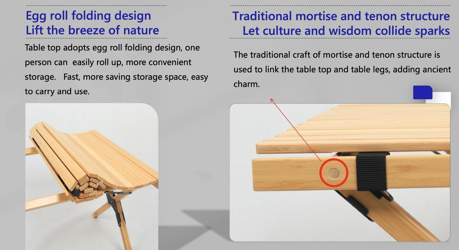 Wooden folding table with text describing its features on a gray background