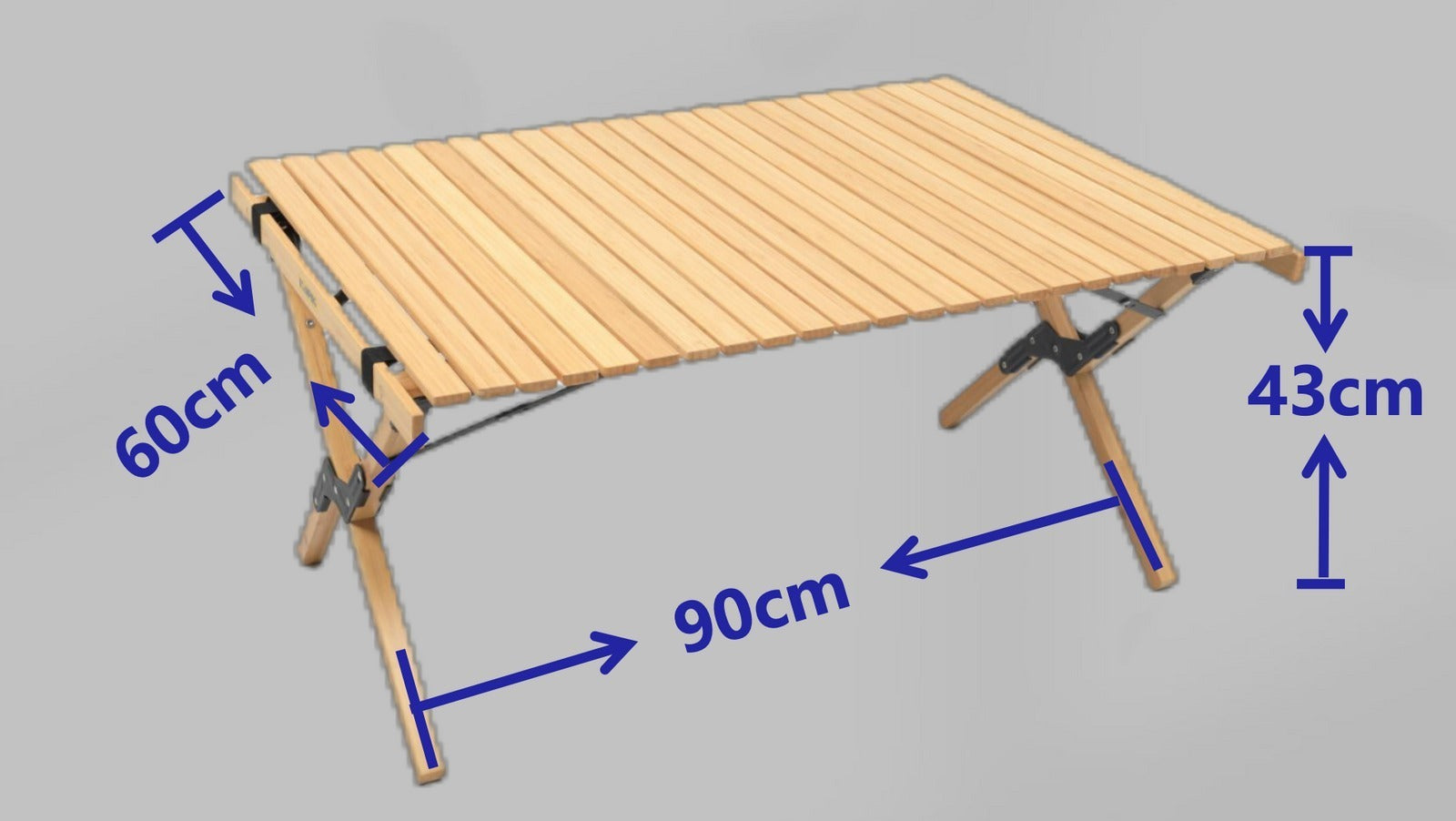 Wooden folding table with measurements on a gray background