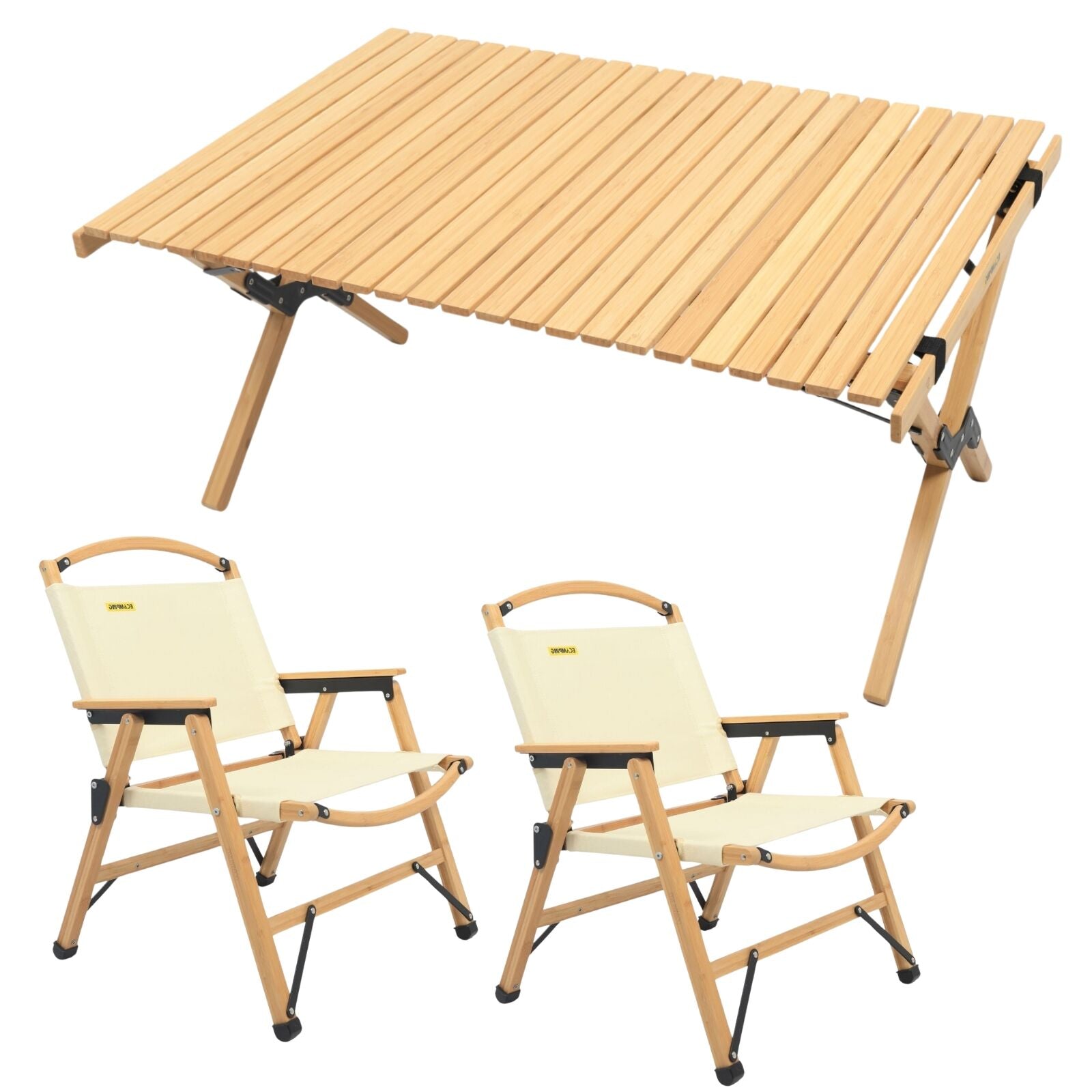 Wooden folding table with two matching chairs on a white background