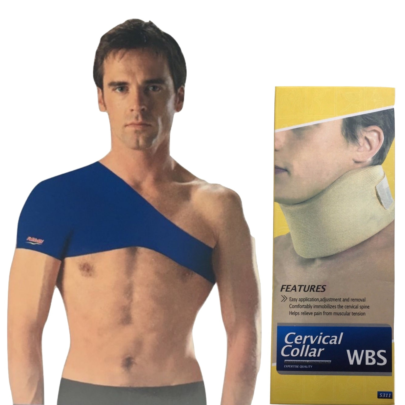 Man wearing a blue shoulder brace with a Cervical Collar WBS product image on the side.