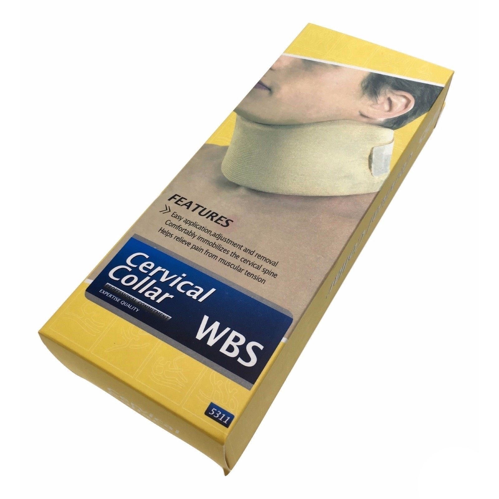 Yellow packaging of a cervical collar with a person wearing it on a white background