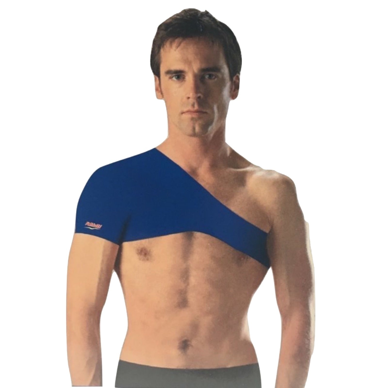 Man wearing a blue shoulder brace on a white background