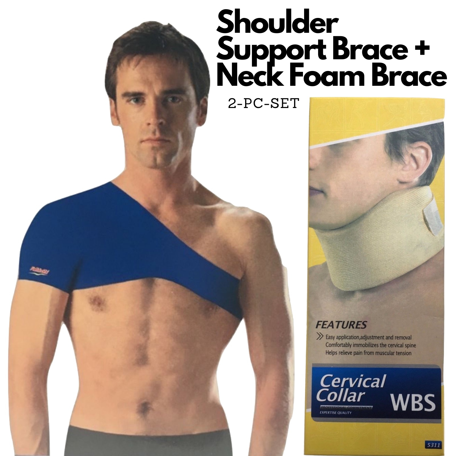 Man wearing a blue shoulder support brace with a Cervical Collar packaging on the side.