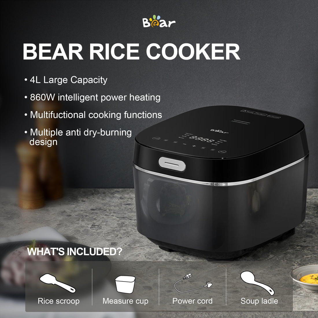 Bear rice cooker with features listed on a gray background