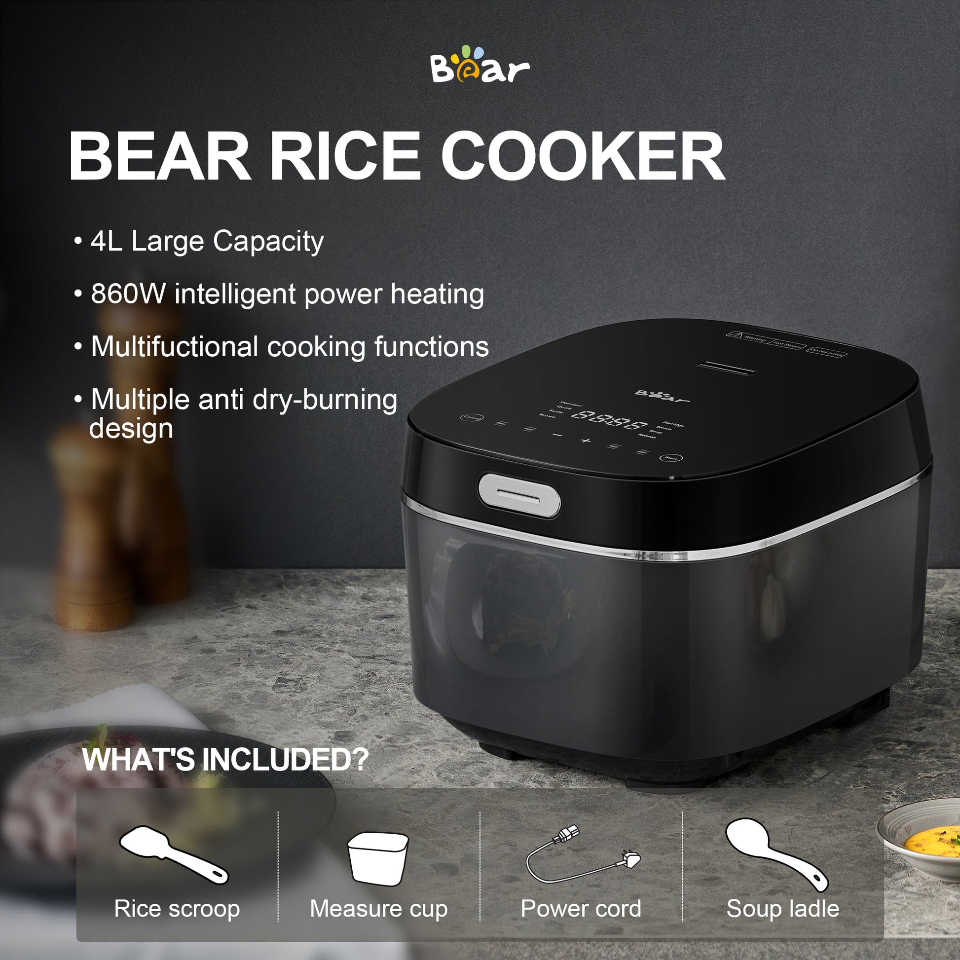 Bear rice cooker with features listed on a gray background