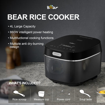 Bear rice cooker with features listed on a gray background