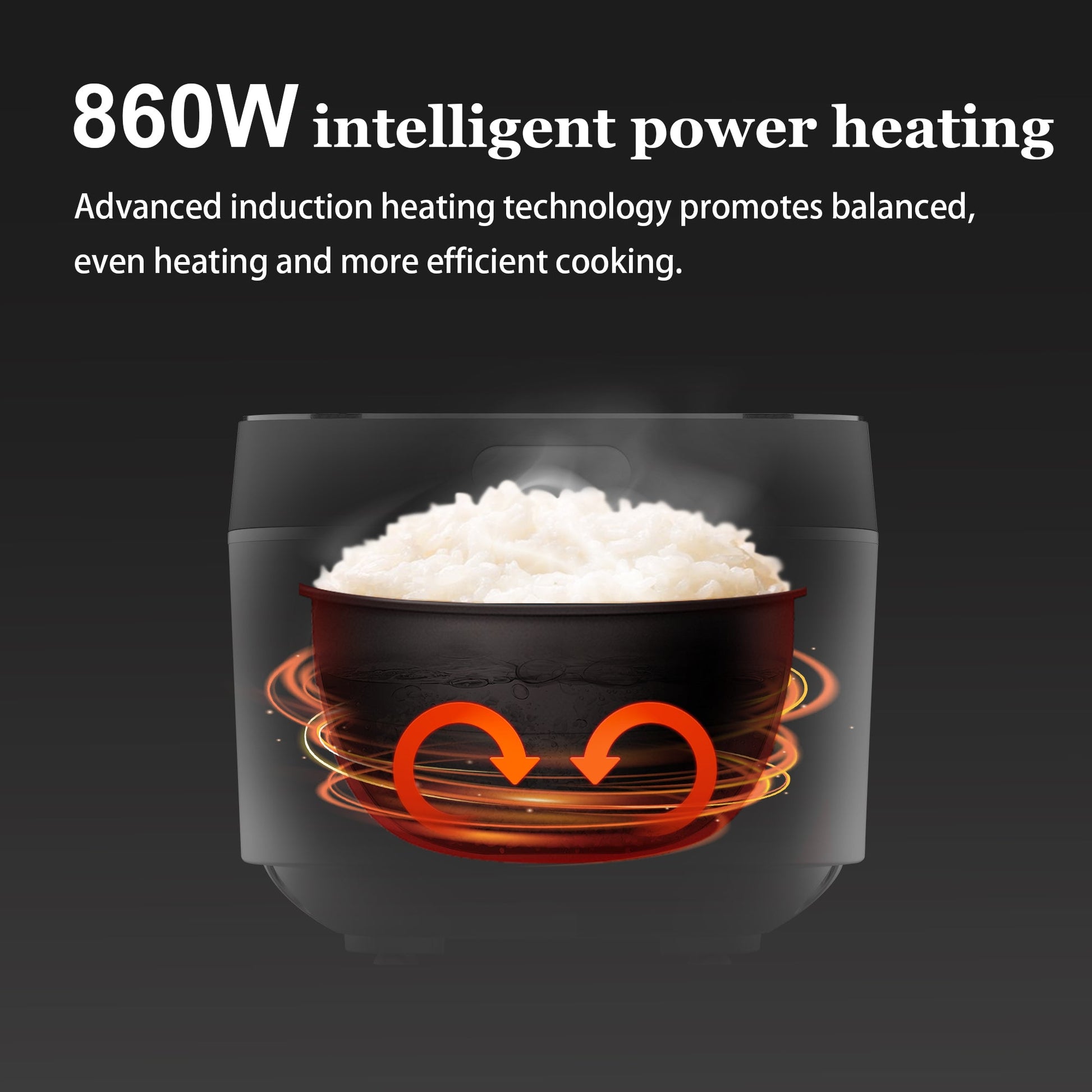 Induction cooktop with 860W heating element and rice cooking, on a black background.