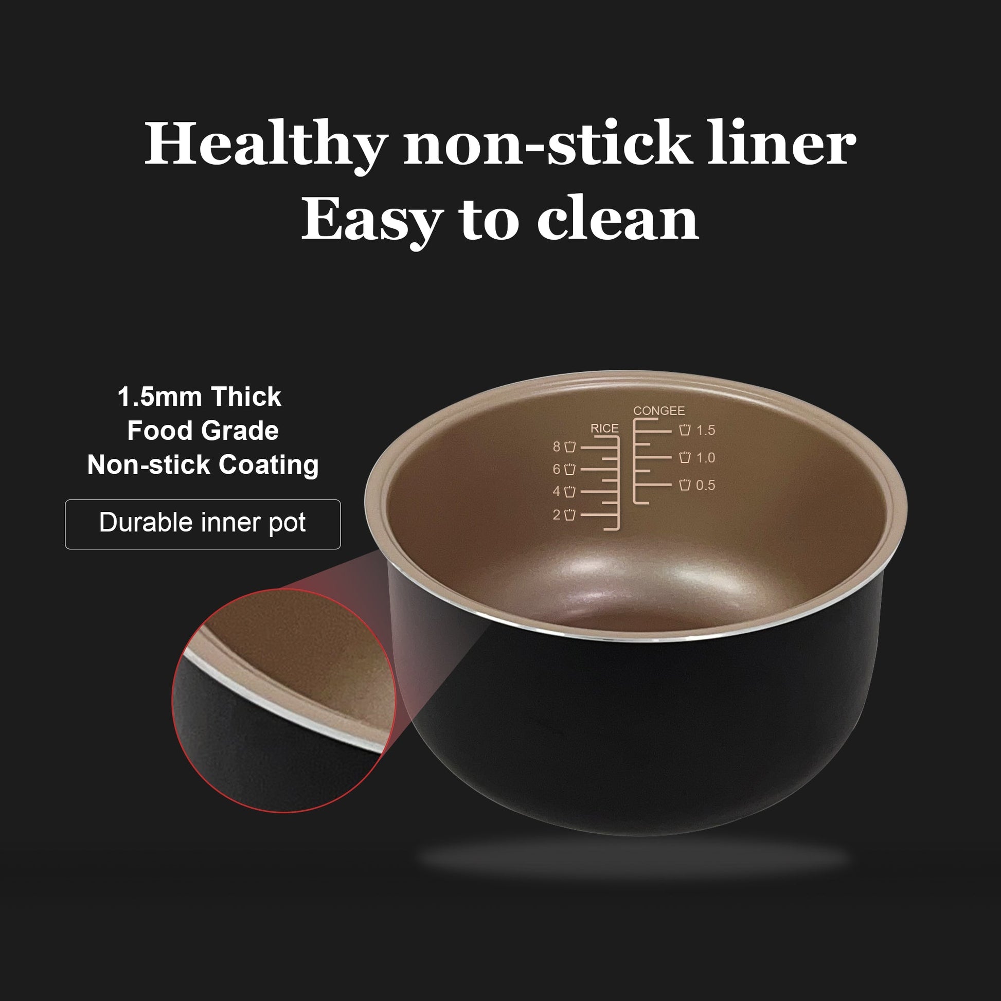 Brown measuring cup with non-stick liner on a black background