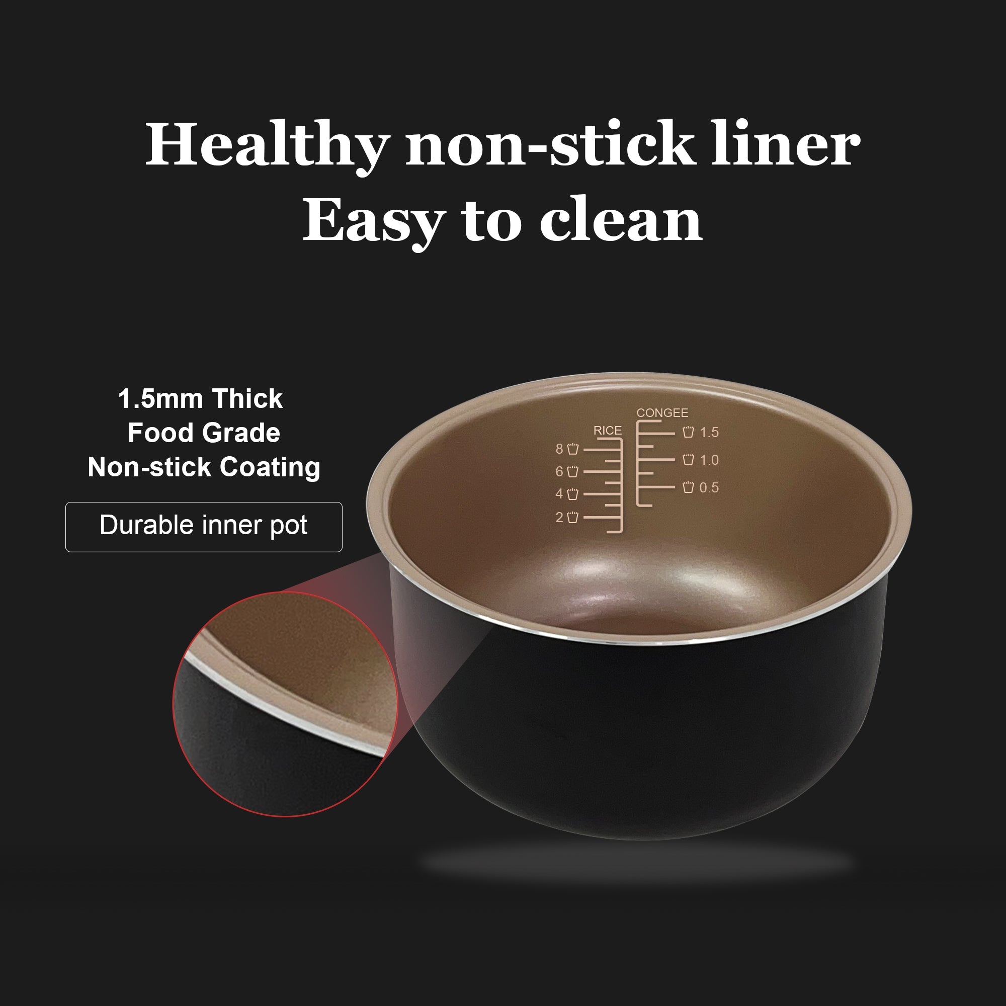 Brown measuring cup with non-stick liner on a black background