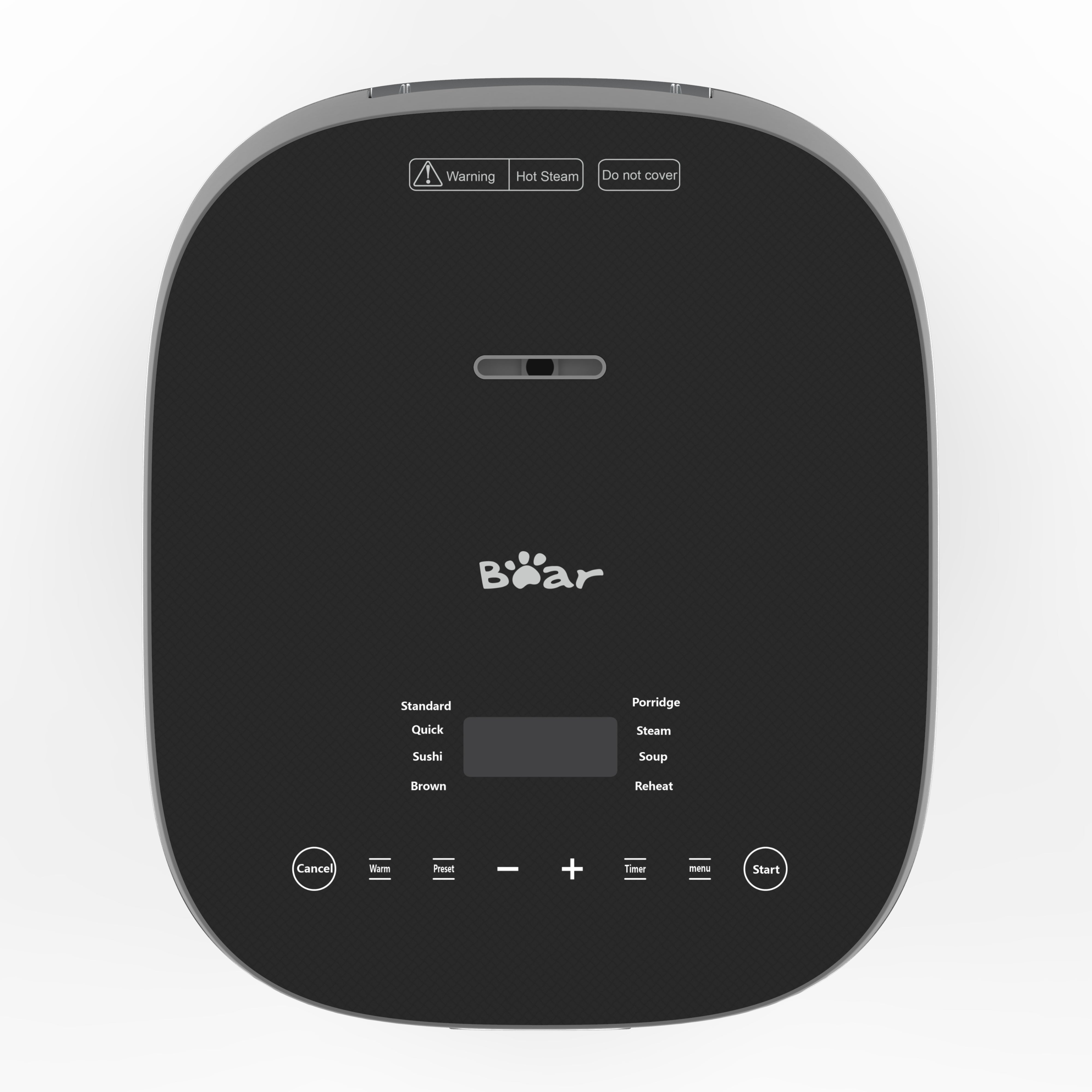 Black electric pressure cooker with control panel on a white background