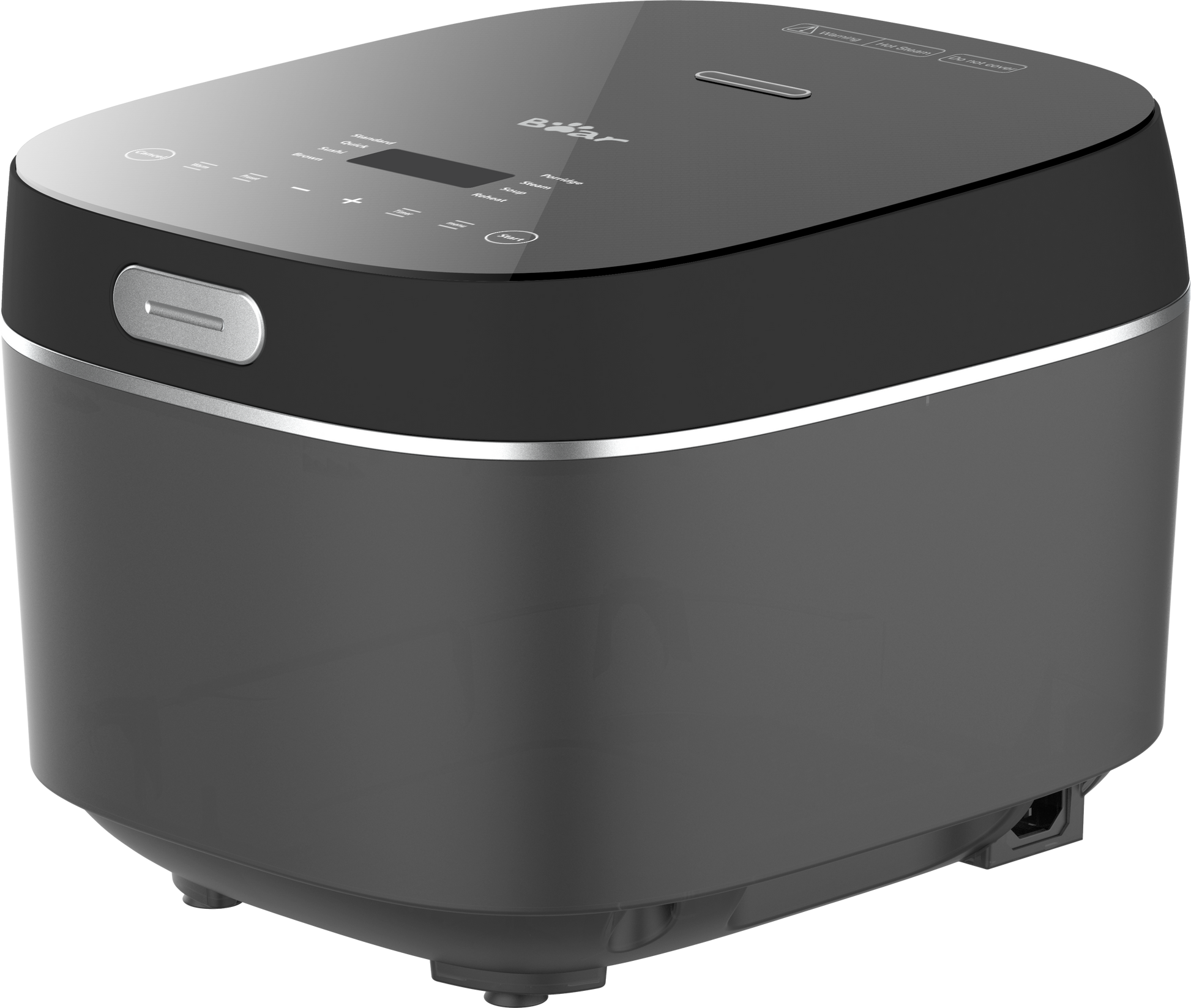 Black rice cooker with digital display on a white background