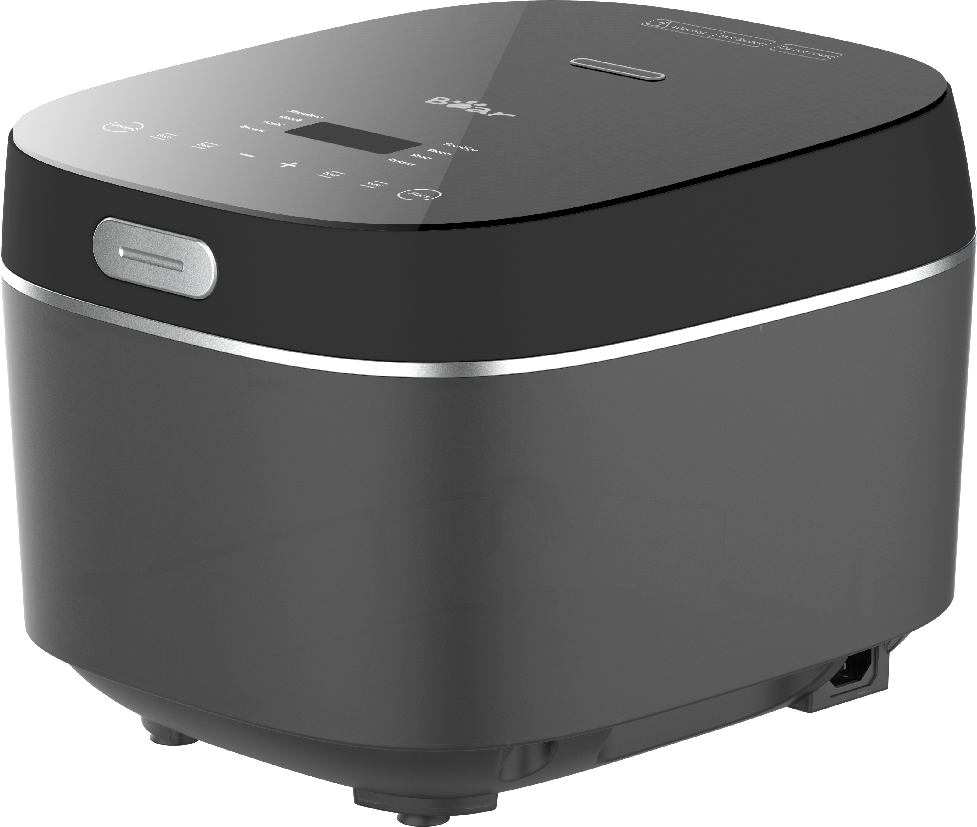 Black rice cooker with digital display on a white background