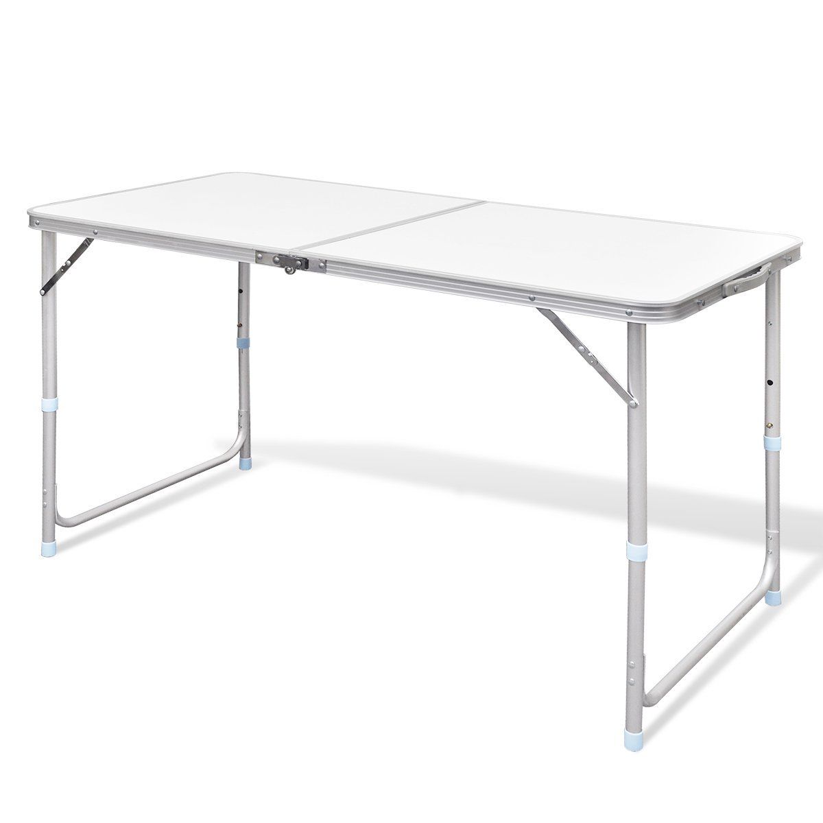 Foldable white table with metal frame on a white background