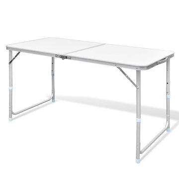 Foldable white table with metal frame on a white background