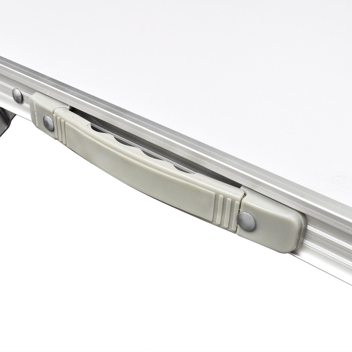 Close-up of a metal window handle on a white background