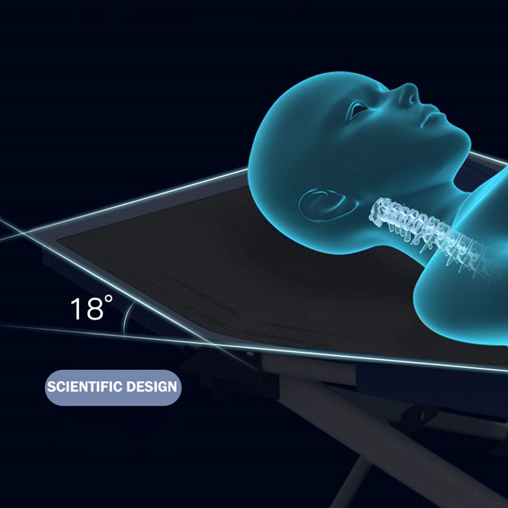 Illustration of a neck brace with a person's head, showing a 18-degree angle, on a dark background.