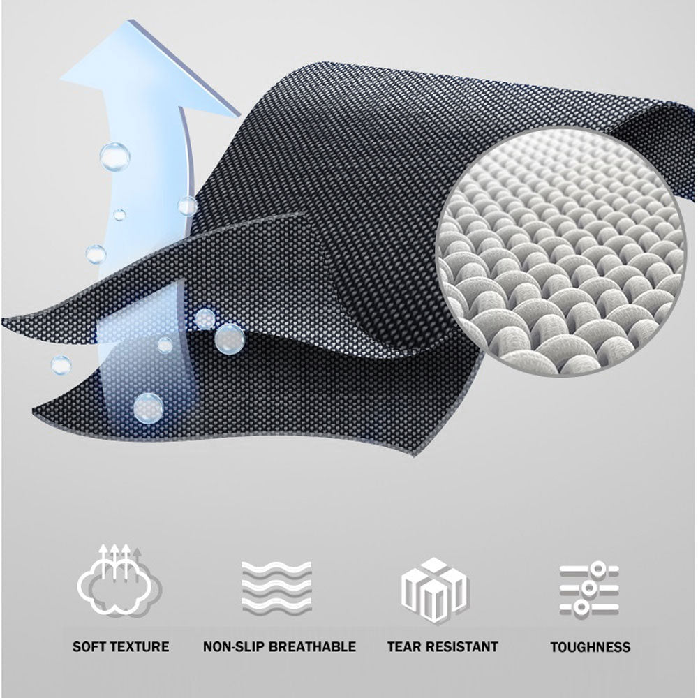 Textile material with water droplet and close-up, featuring soft texture, non-slip, breathable, tear-resistant, and tough properties.