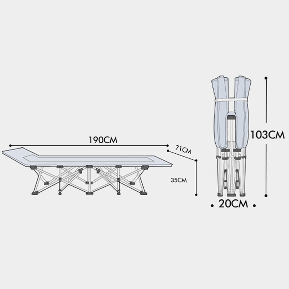 Measurement chart of a folding bed and its components on a white background