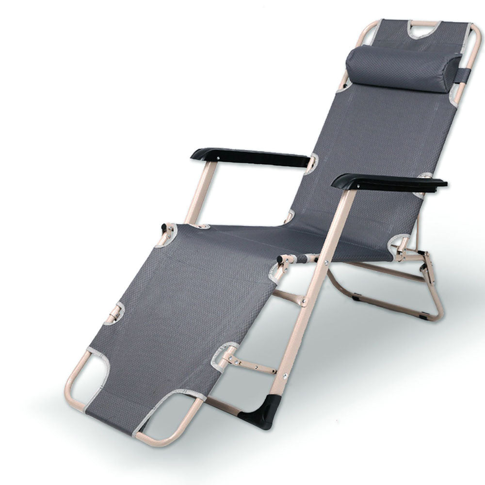 Gray folding lounge chair with armrests on a white background