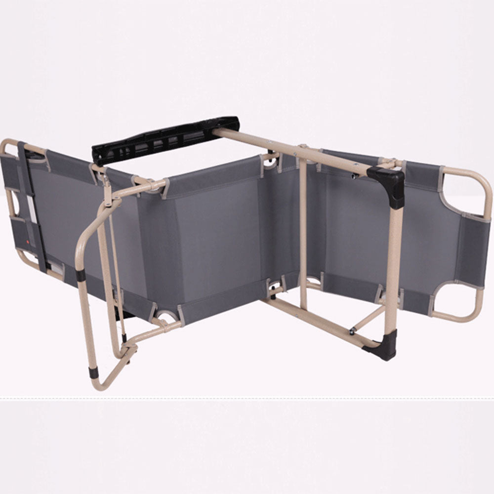 Foldable bed frame with gray mattress on a white background