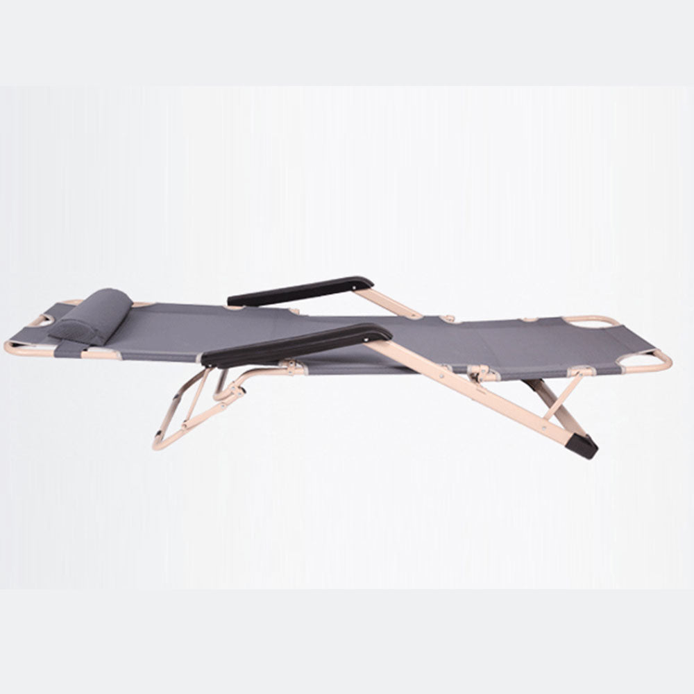 Folding camping chair with gray seat and wooden frame on a white background