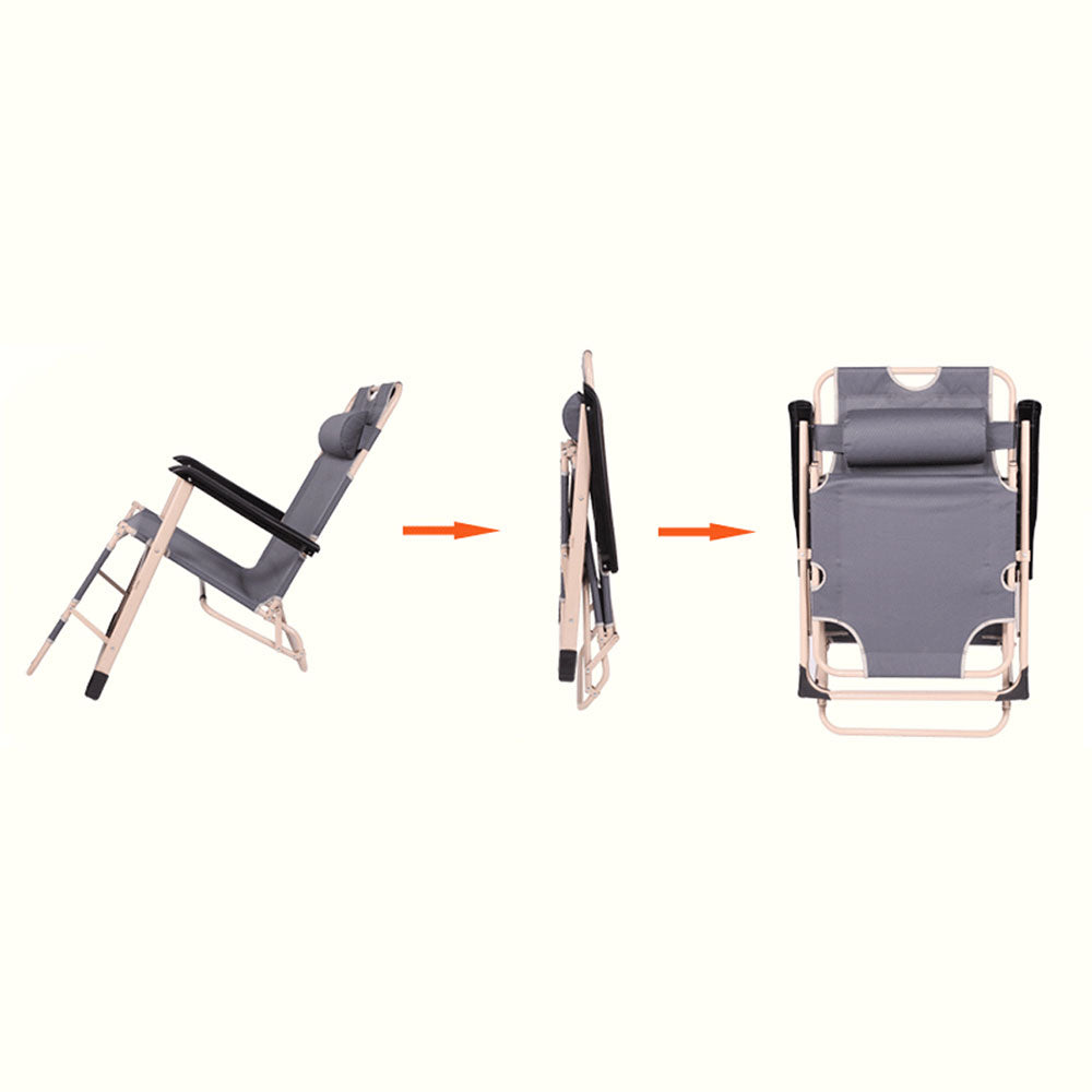 Folding chair shown in three different positions with arrows indicating the folding process on a white background.