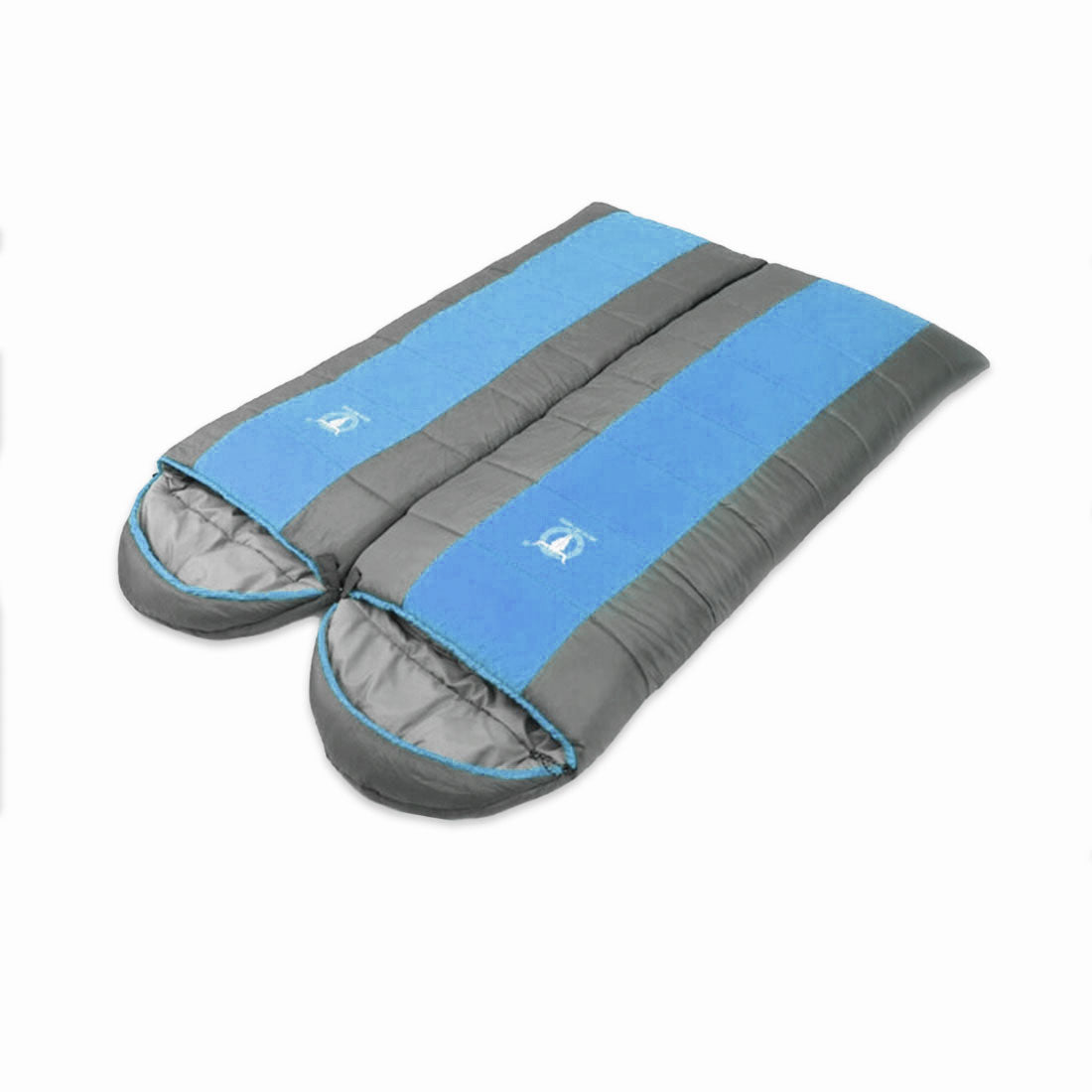 Blue and gray sleeping bag on a white background