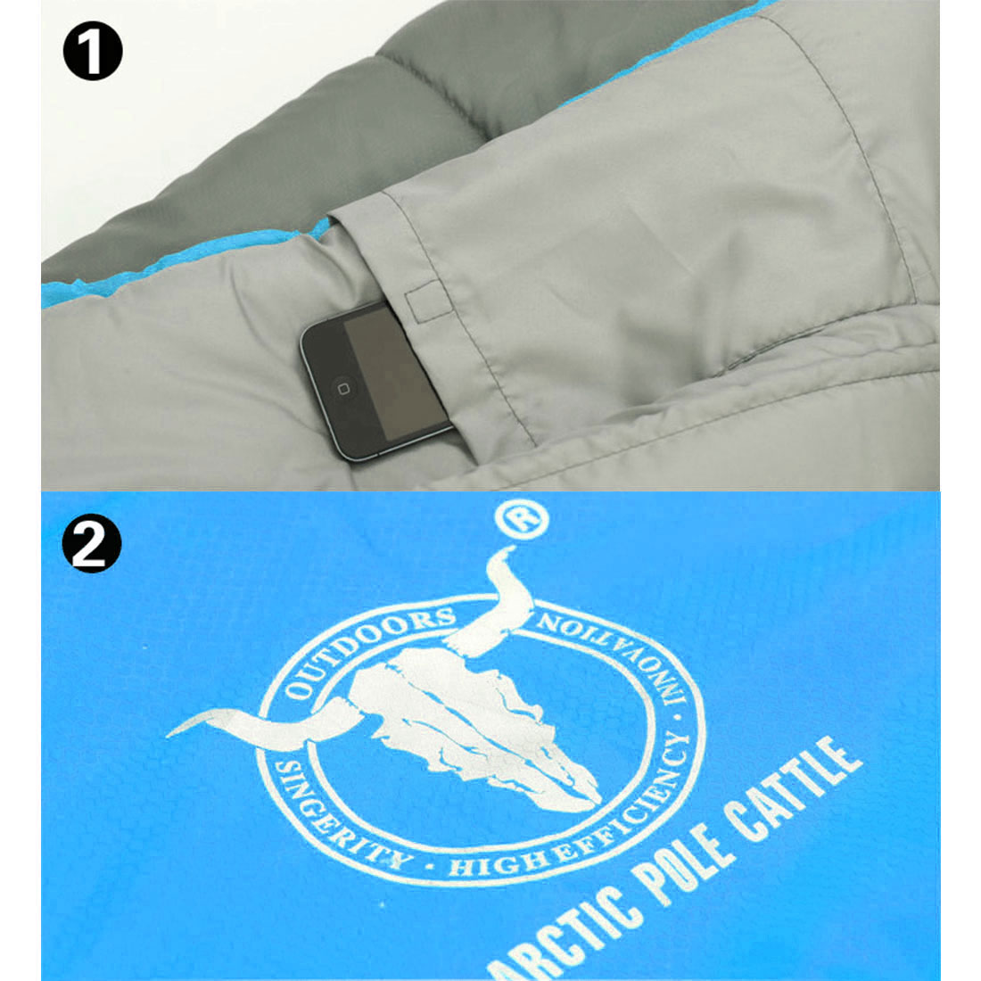 Gray jacket with a phone in the pocket and a blue logo on a white background