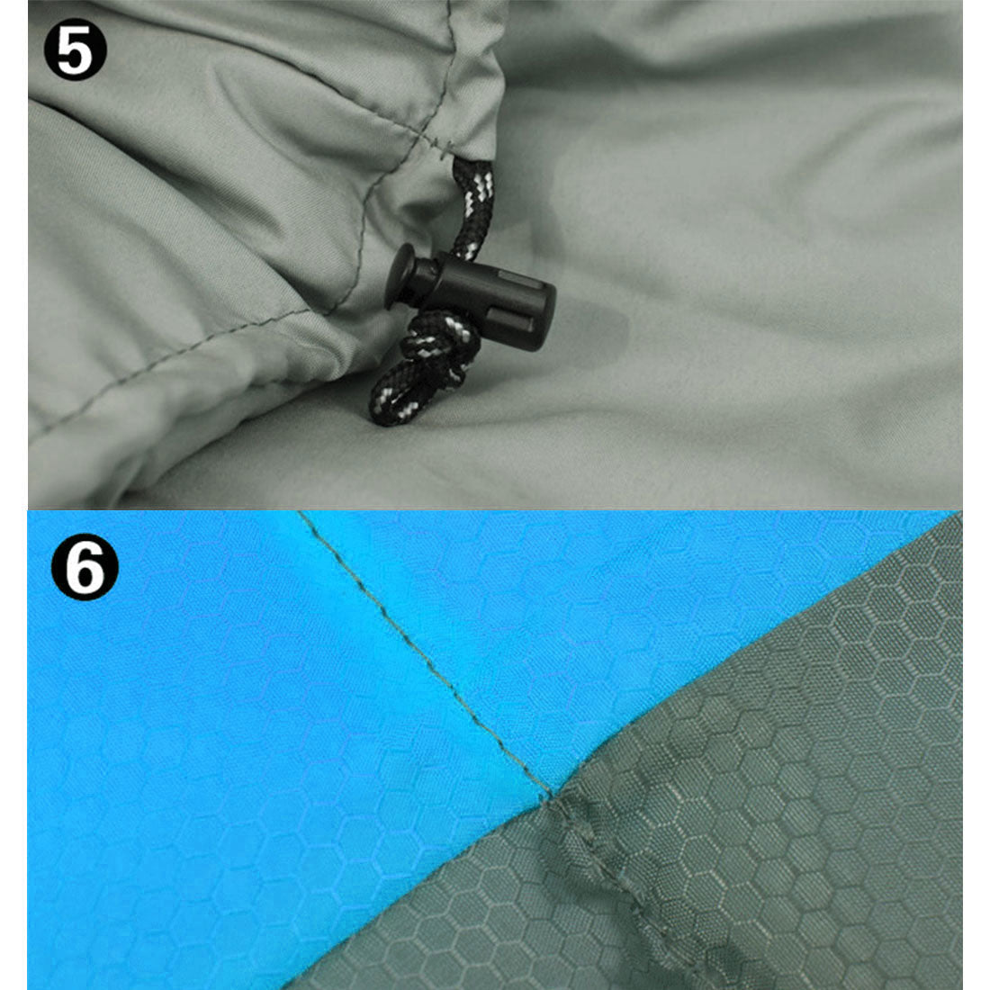 Close-up of a gray fabric with a black zipper pull and a blue and gray fabric corner.