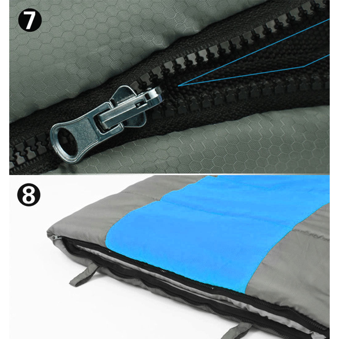 Close-up of a zipper on a sleeping bag with a blue interior.
