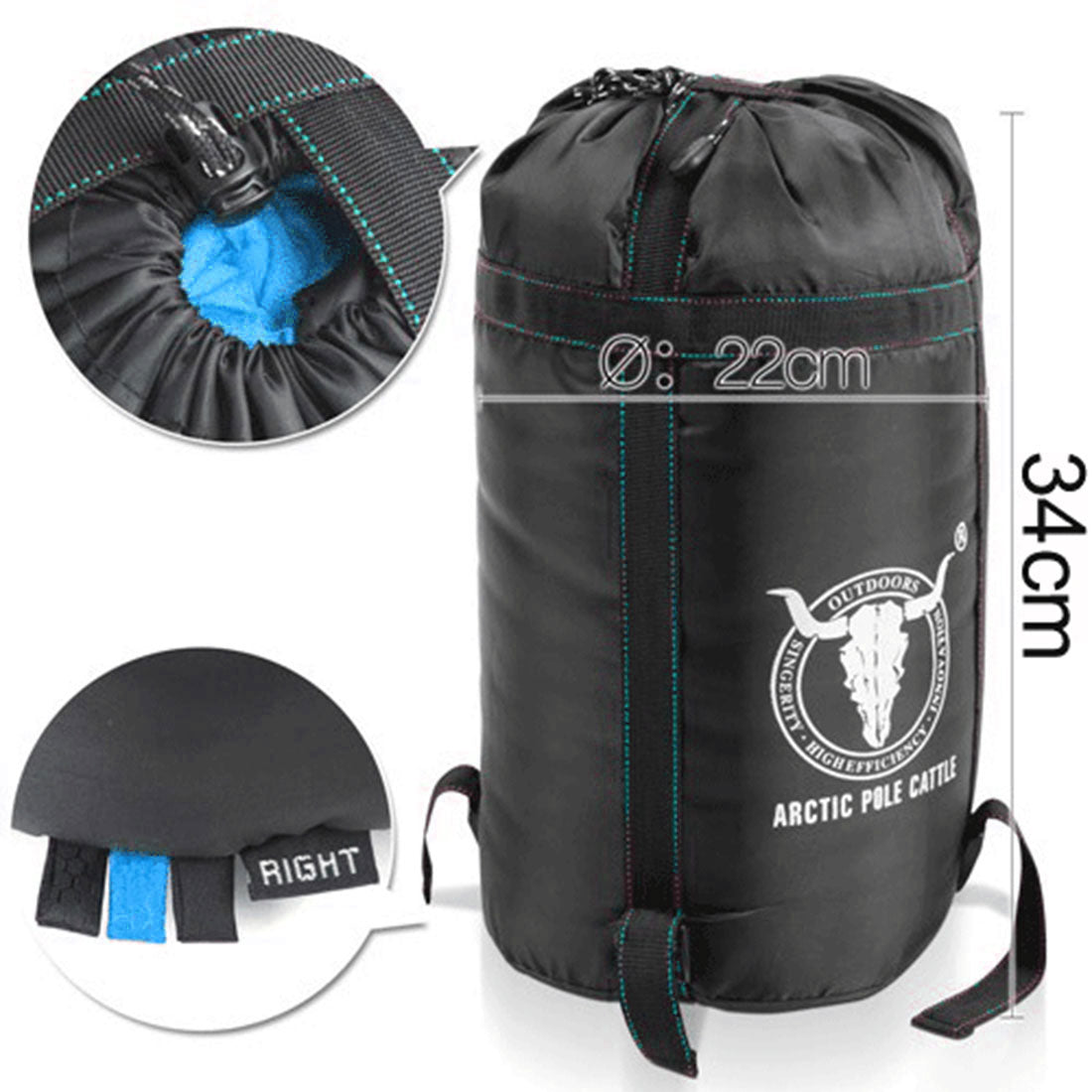 Black sleeping bag with blue interior, measurement details, and brand logo on a white background