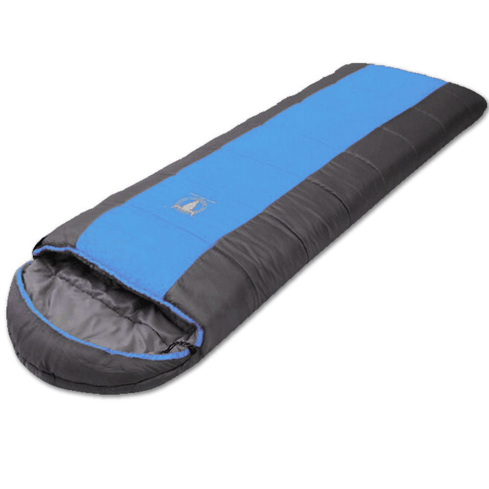 Blue and gray sleeping bag on a white background