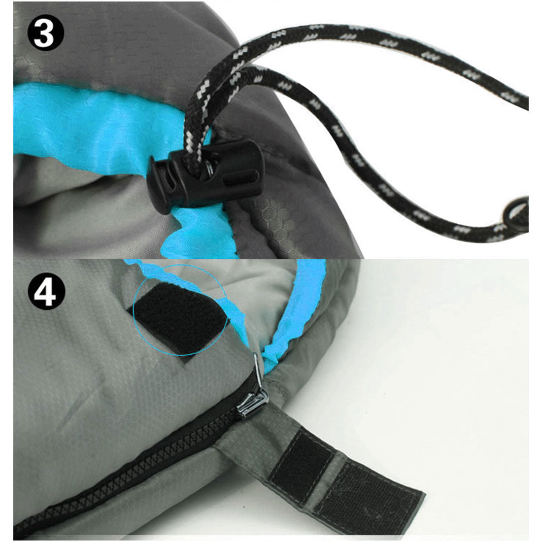 Close-up of a gray bag with blue interior and black zipper and strap.