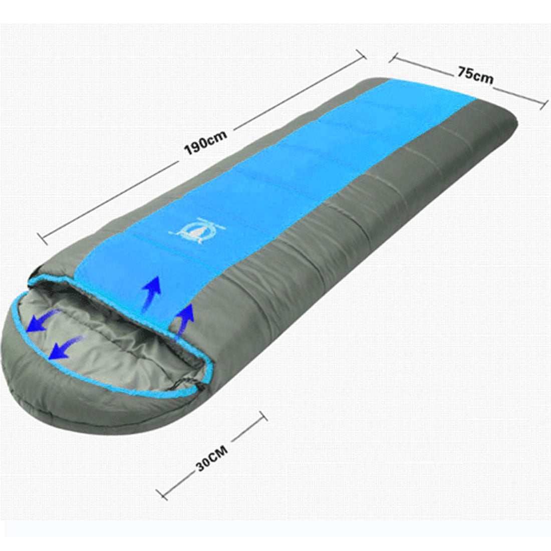 Gray and blue sleeping bag with measurements on a white background