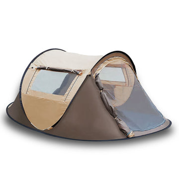 Pop-up tent with beige and blue design on a white background