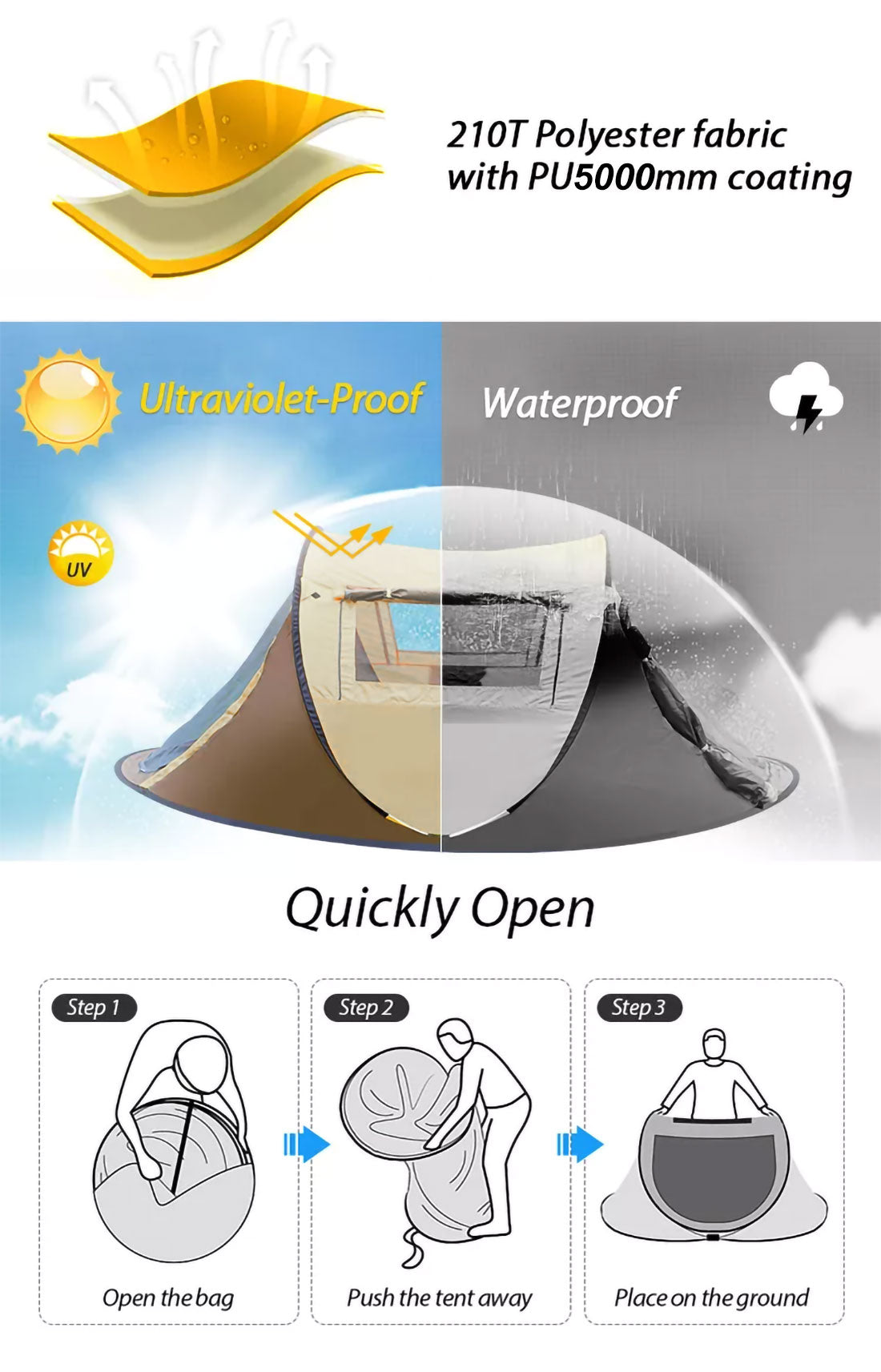 Product advertisement for a tent with features like polyester fabric, UV protection, and quick setup instructions.
