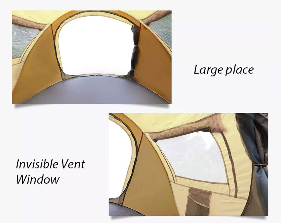 Camping tent with an 'Invisible Vent Window' labeled and a close-up of the window area.