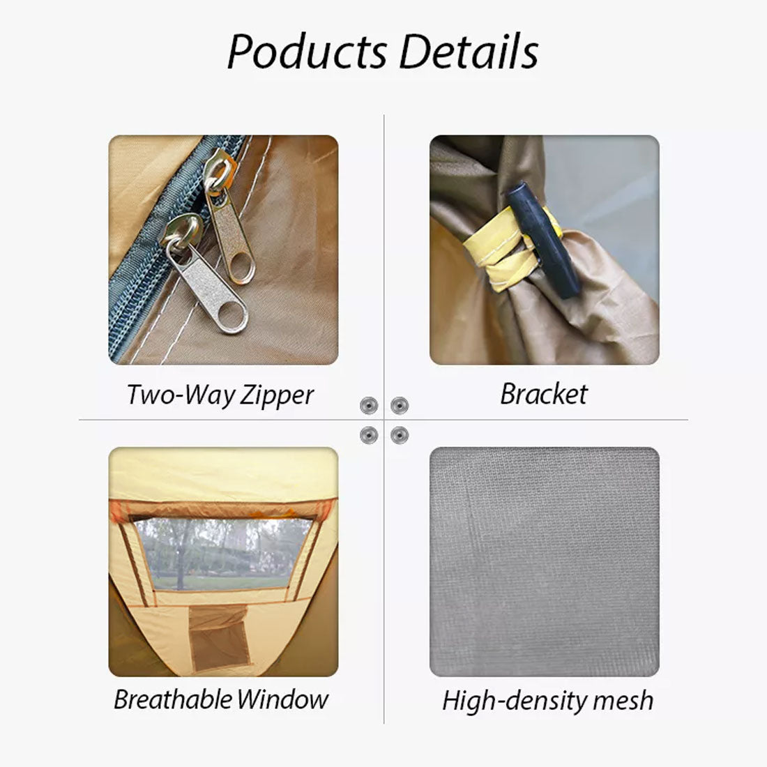 Product details including two-way zipper, bracket, breathable window, and high-density mesh on a white background.