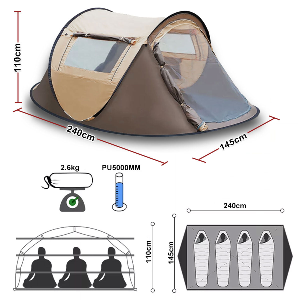 Camping tent with dimensions and features on a white background