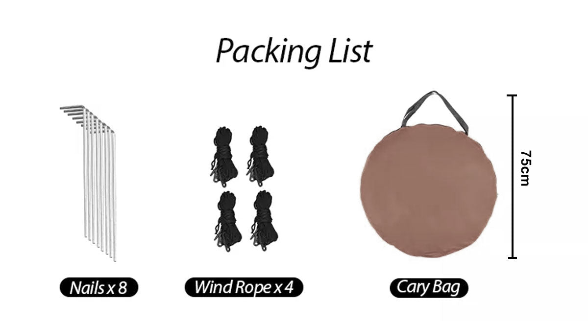 Packing list with nails, wind rope, and carry bag on a white background