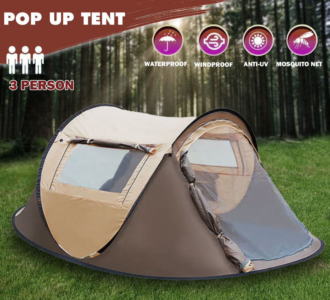 Pop-up tent with features listed on a grassy area with trees in the background
