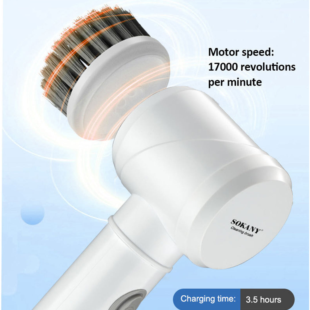 White cleaning brush with bristle head on a light blue background, featuring SOKANY branding.