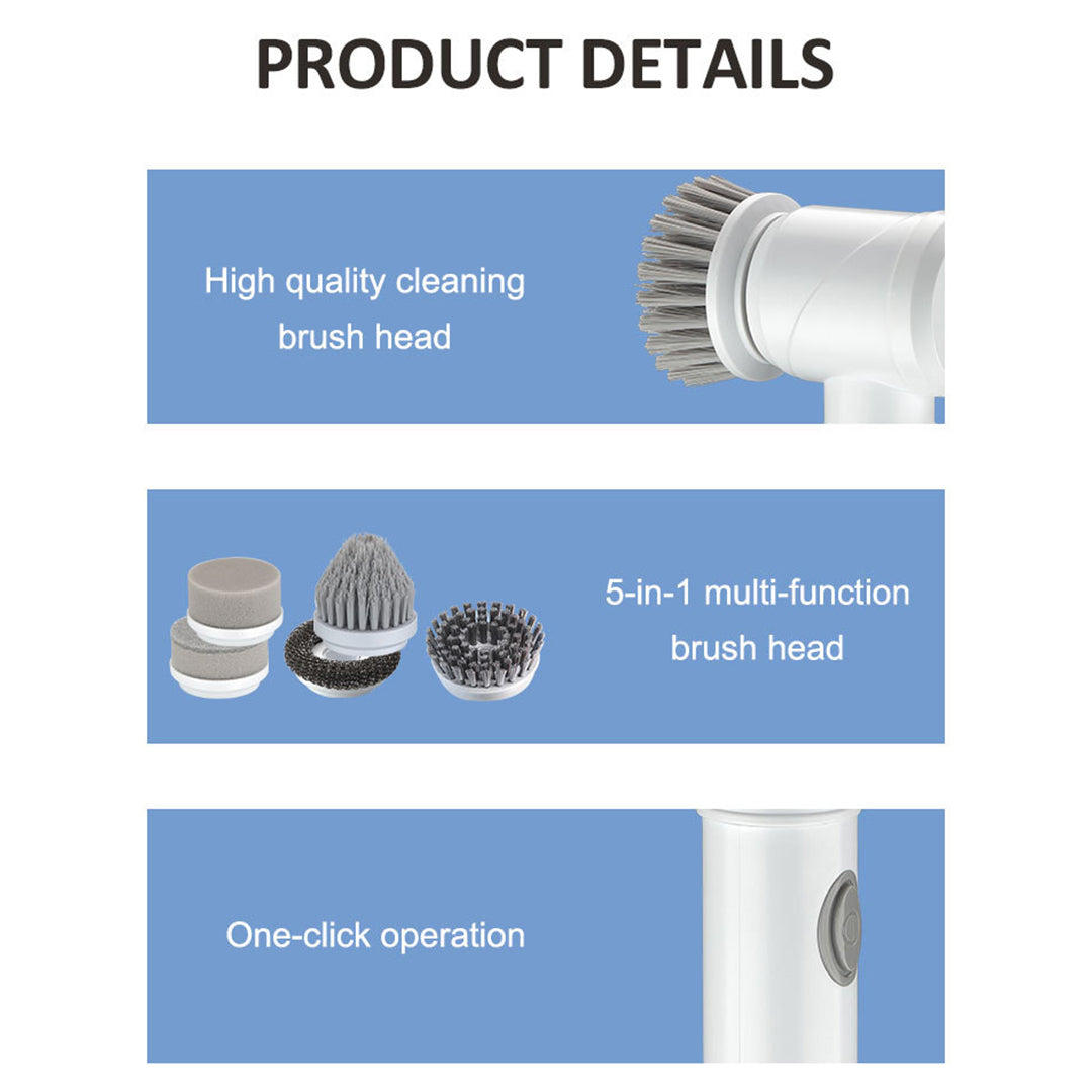 Product details of a cleaning brush head with various features on a white background.
