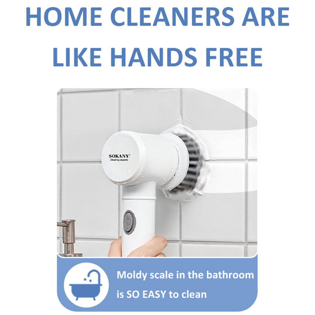 Handheld cleaning device with text about home cleaning convenience on a tiled bathroom wall background.
