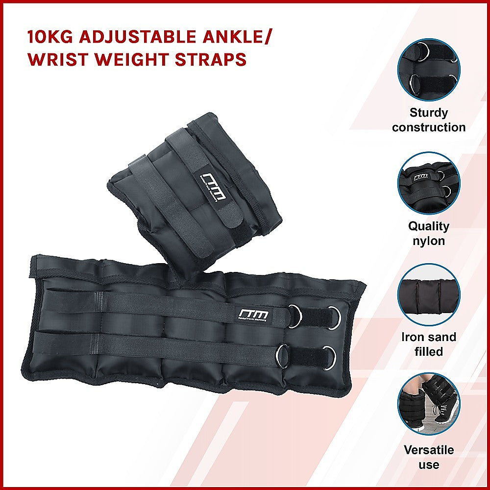 10KG adjustable ankle/wrist weight straps with features on a white background