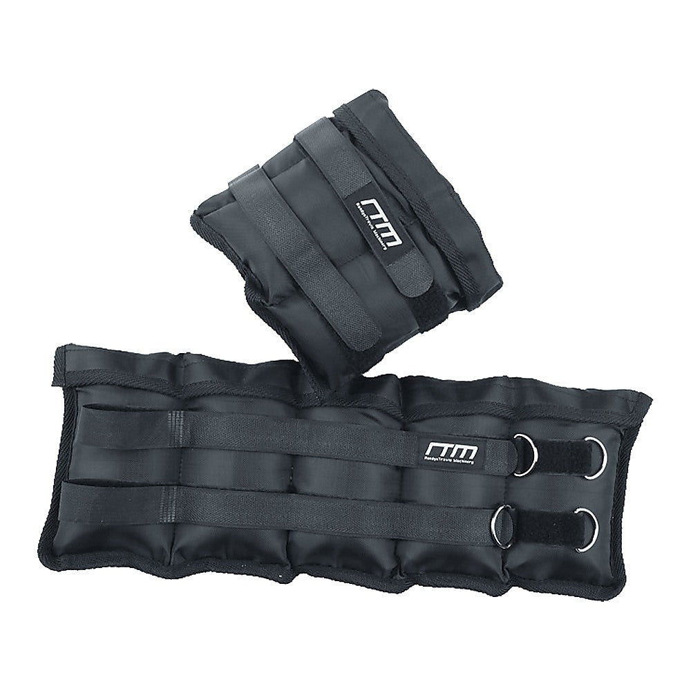 Pair of black ankle weights with straps on a white background